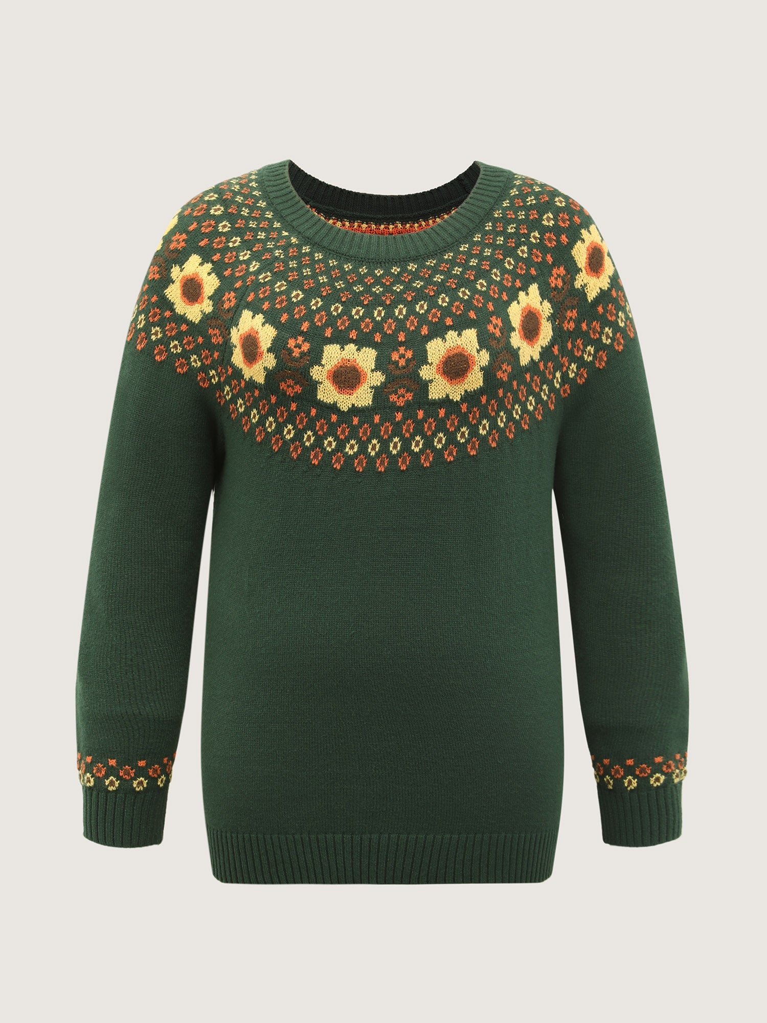 Fair Isle Floral Pattern Ribbed Hem Pullover