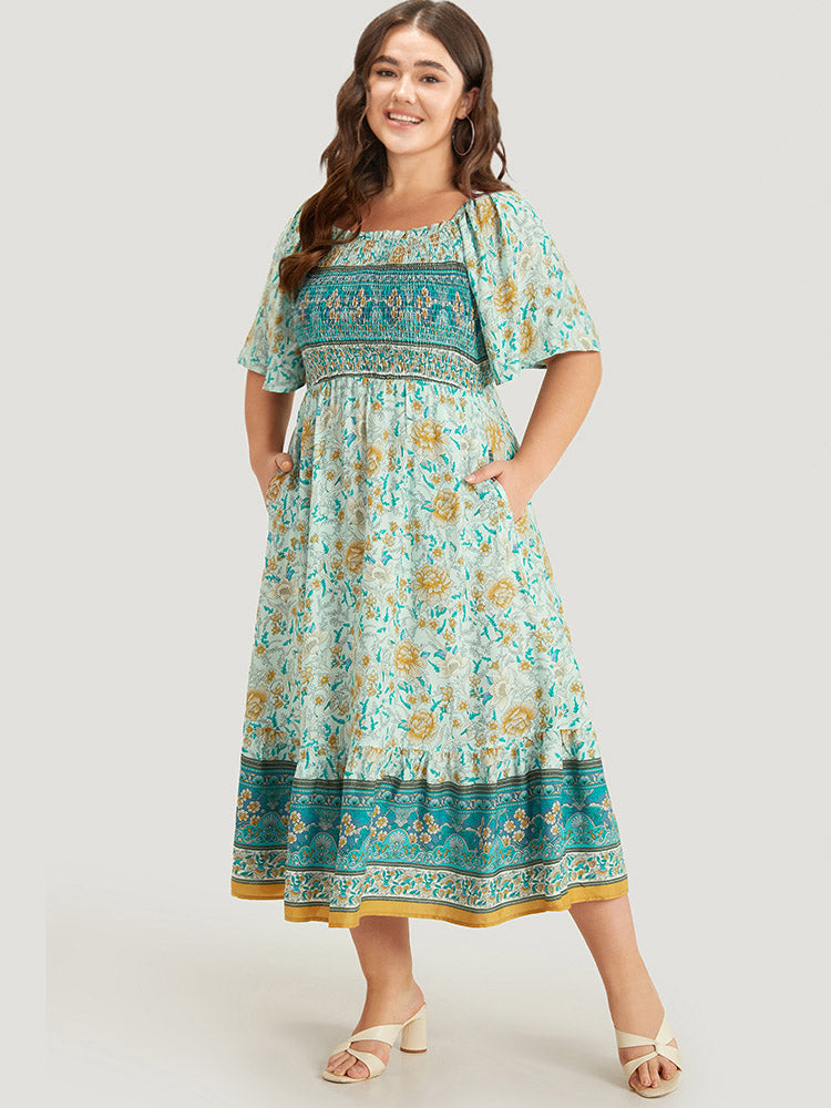 Floral Print Shirred Square Neck Dress