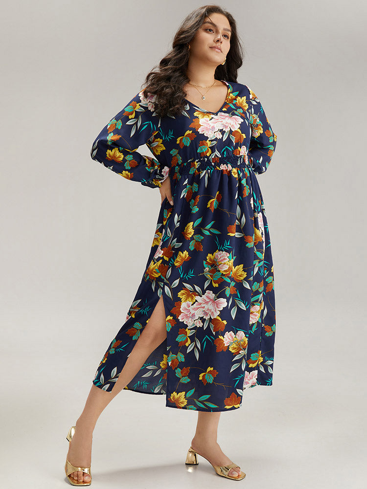 Floral Print Split Side Ruffle Trim Dress