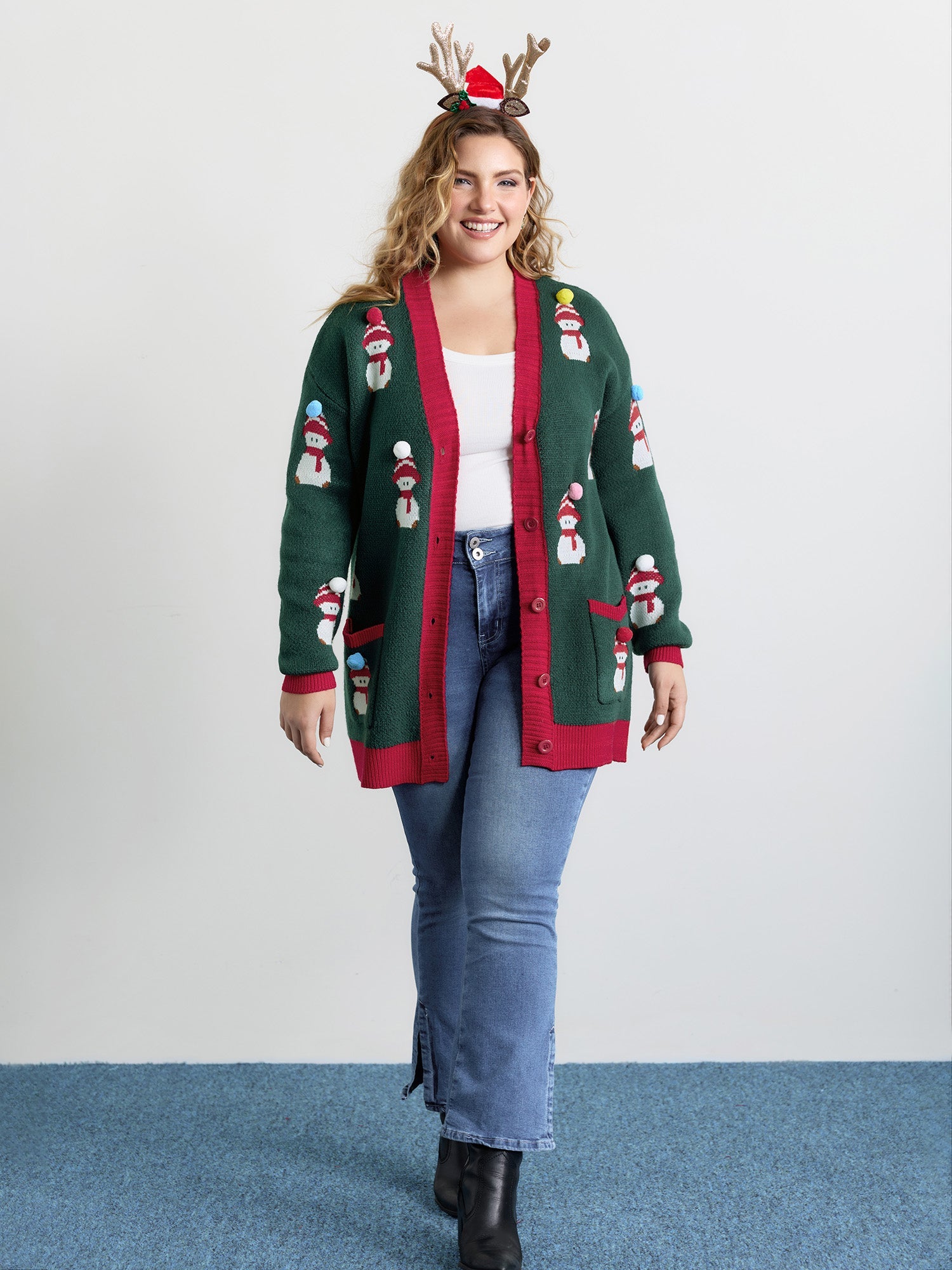 3D Snowman Jacquard Placket Knit Cardigan