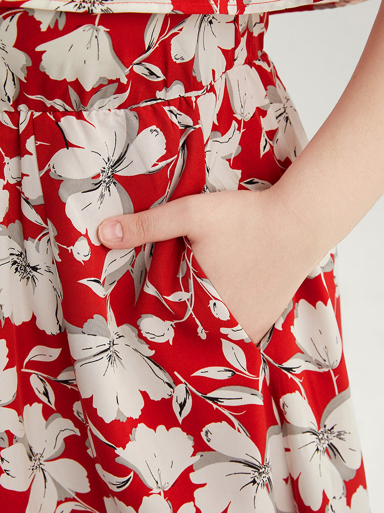 Floral Print Pocket Ruffles Trim Split Halter Maxi Dress