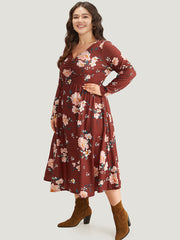 Floral Pocket Ruched Elastic Waist Dress