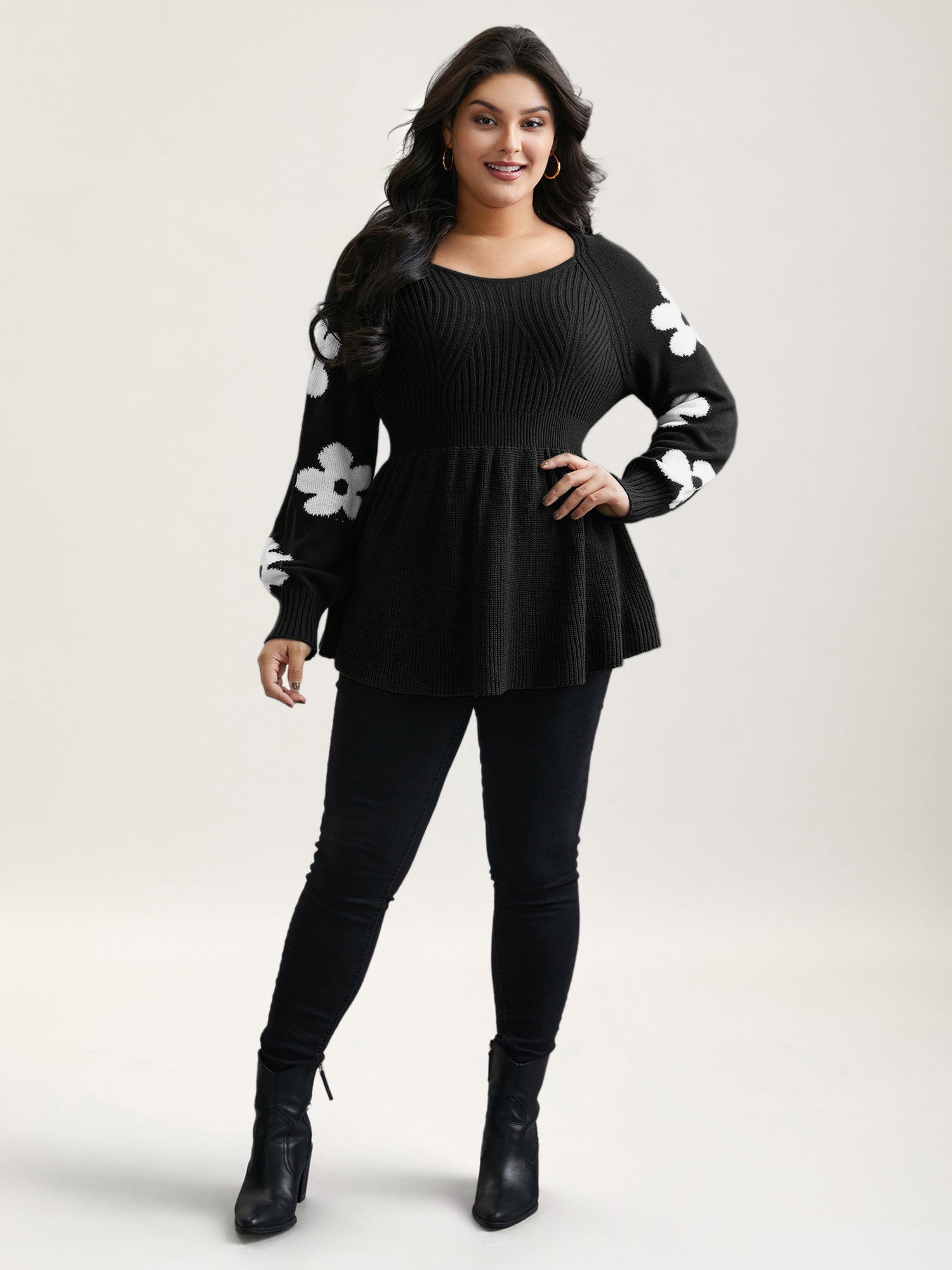 Floral Patch Jacquard Cinched Waist Pullover