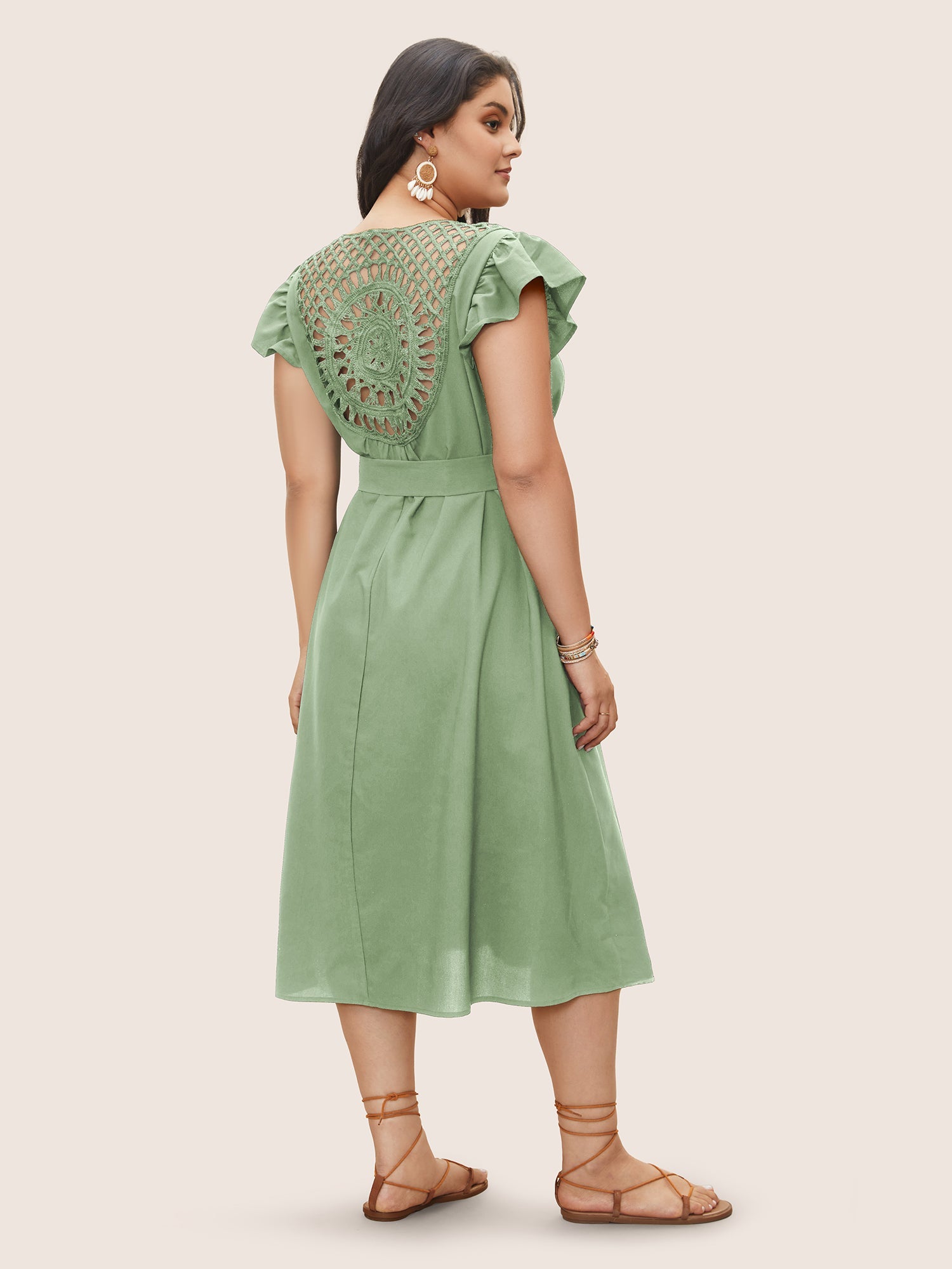 Solid Cut Out Ruffle Cap Sleeve Dress