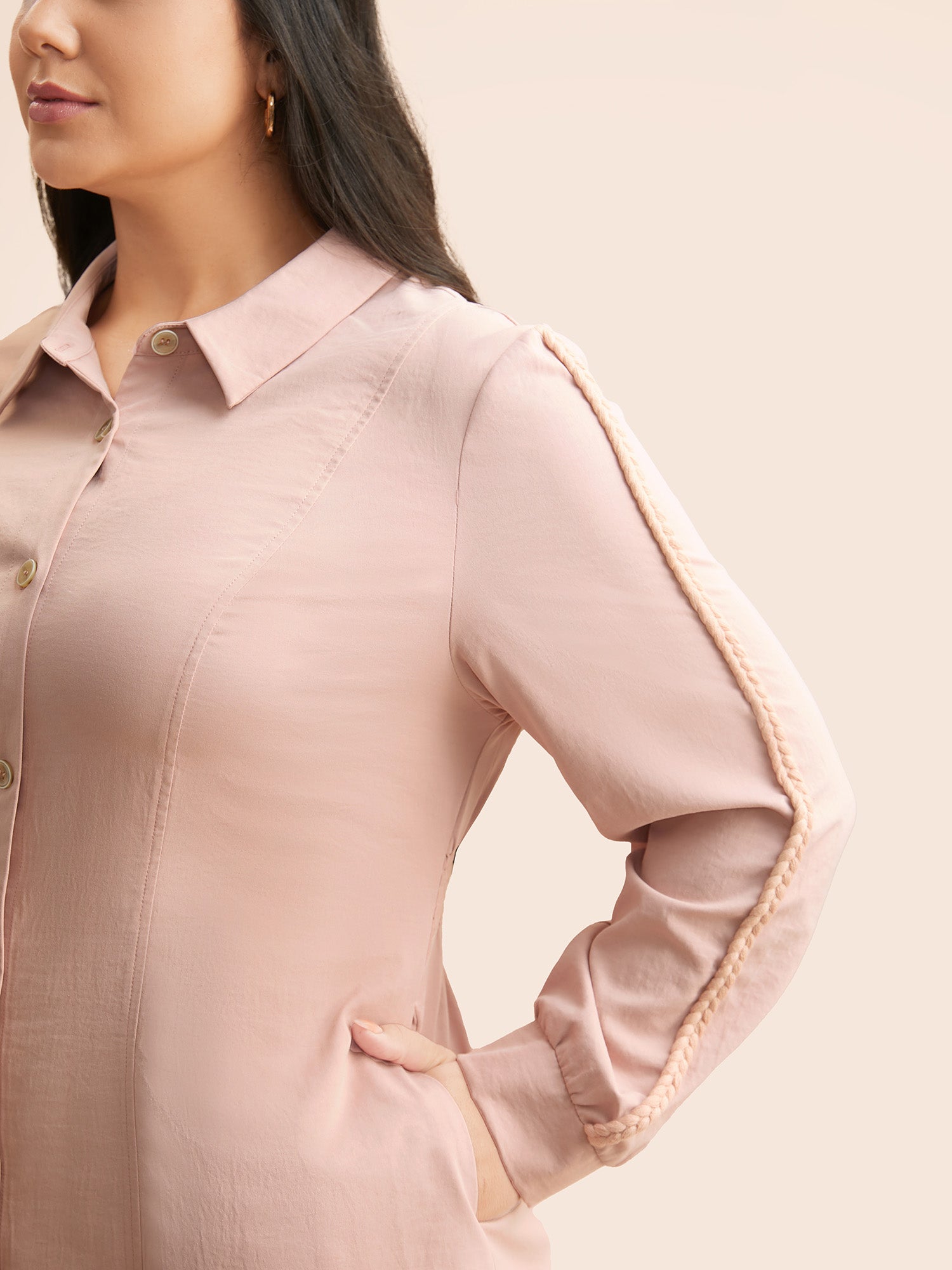 Shirt Collar Shirred Woven Ribbon Dress