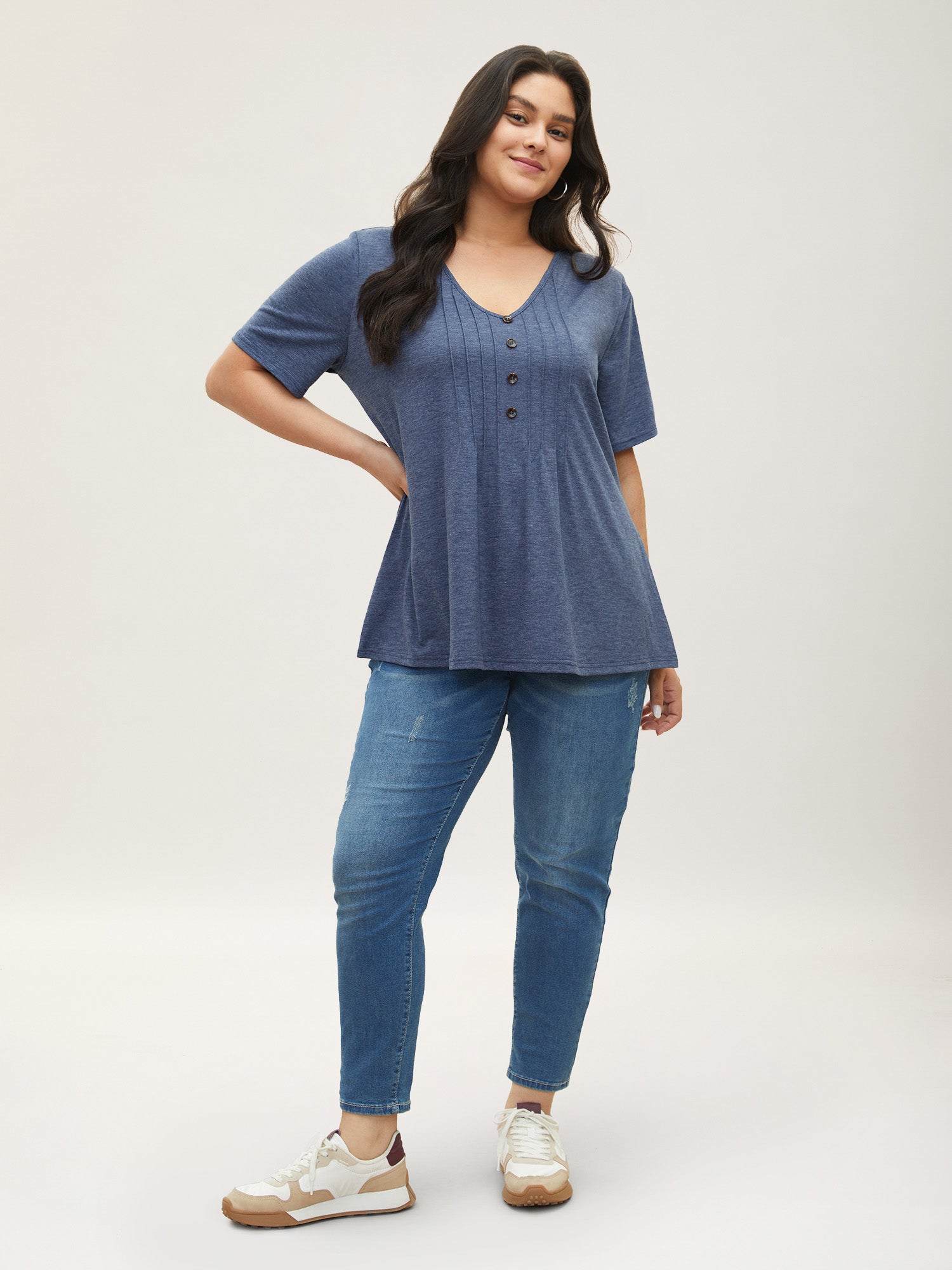 Solid Pleated Front Button Detail V Neck T-shirt