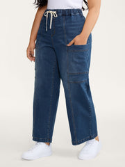 Stretchy Waist Drawstring Straight-Leg Jeans