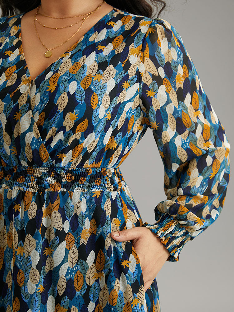 Overlap Collar Feather Shirred Pocket Dress