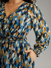 Overlap Collar Feather Shirred Pocket Dress