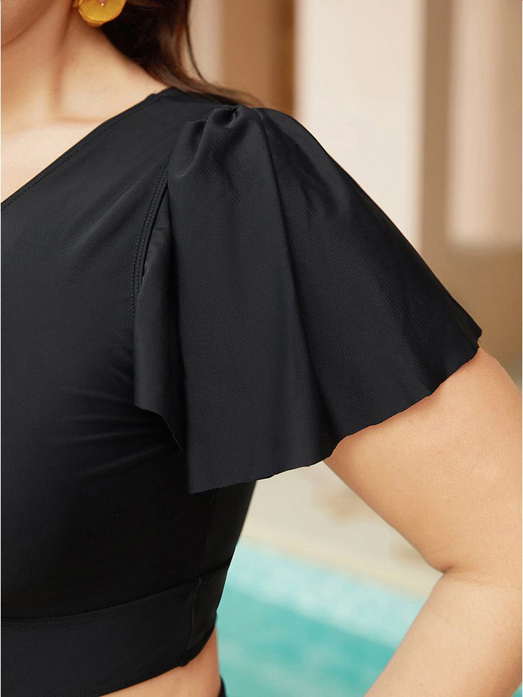 Plain Cut Out Knotted Front Ruffle Sleeve Bikini Top