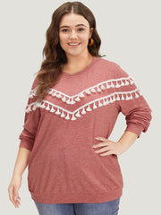 plain Heather Crew Neck Tassel Trim Sweatshirt