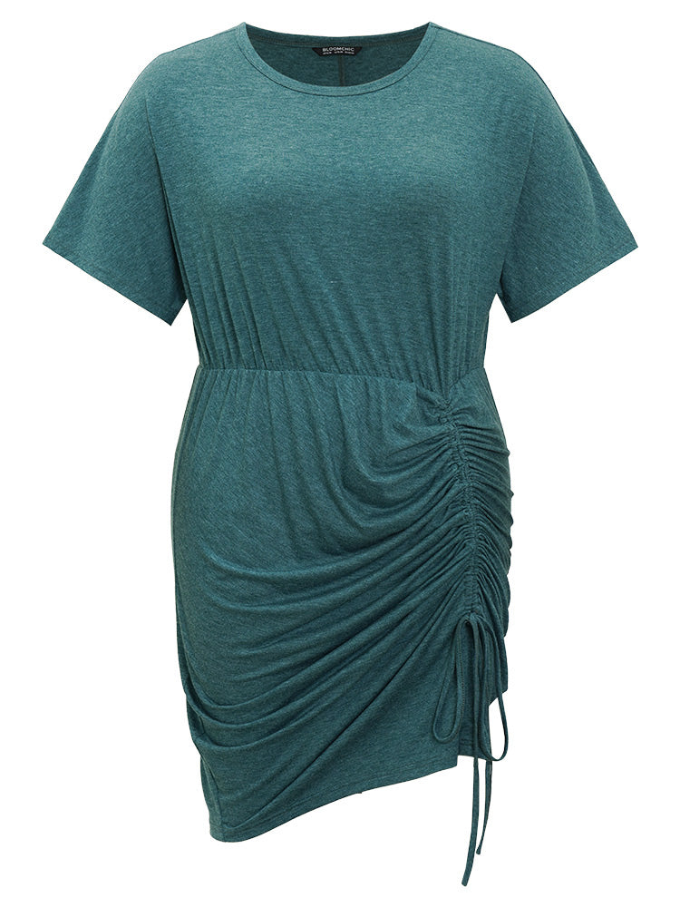 Solid Ruched Drawstring Hem Bodycon Dress