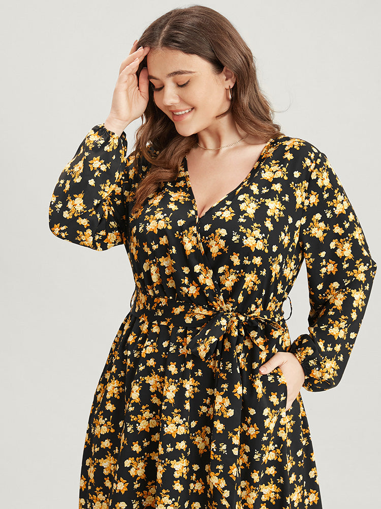 Floral Printed Pocket Lantern Sleeve Belted Wrap Midi Dress