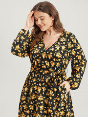 Floral Printed Pocket Lantern Sleeve Belted Wrap Midi Dress
