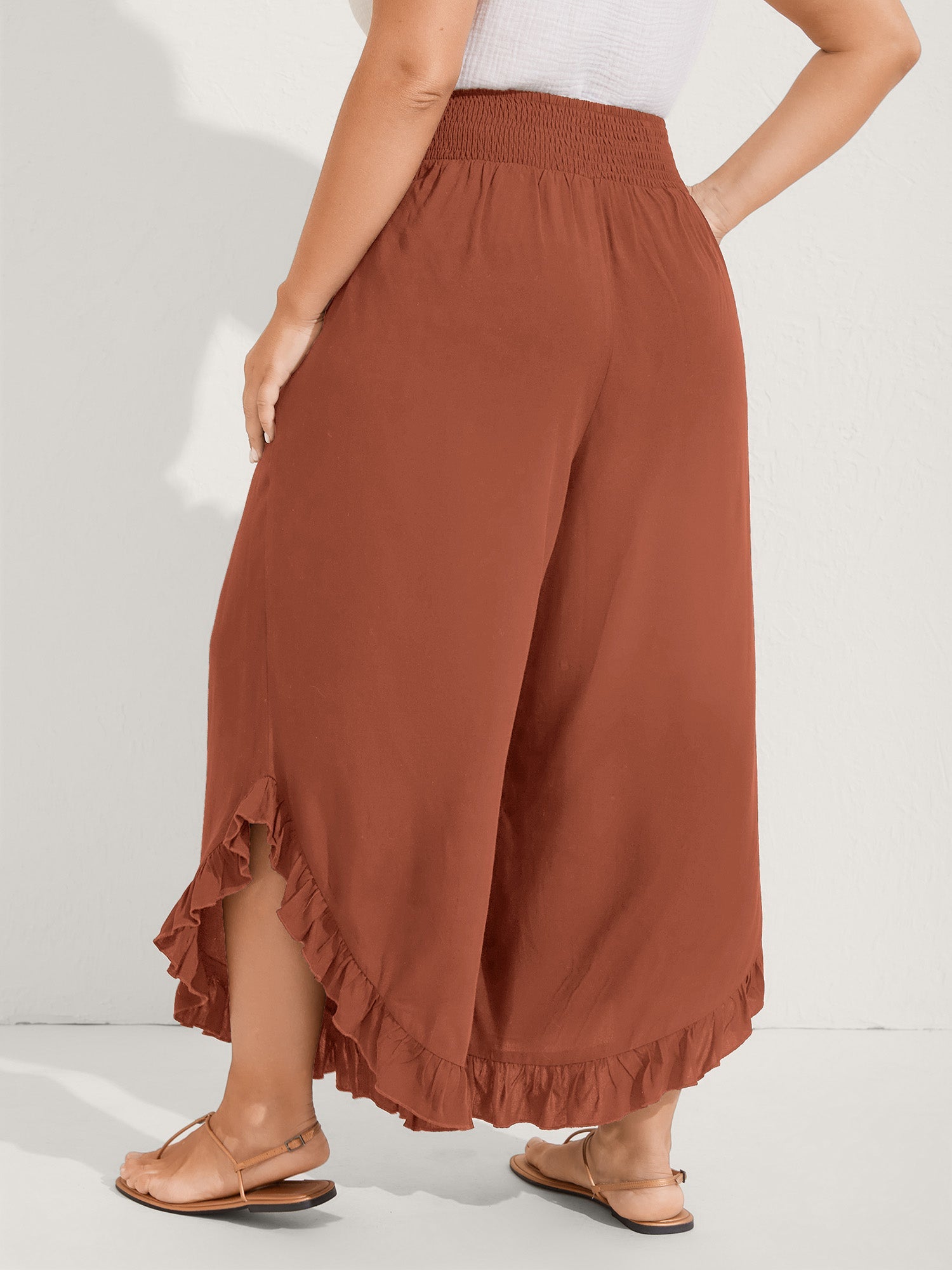 Ruffled Curvy Hem Wide-Leg Pants