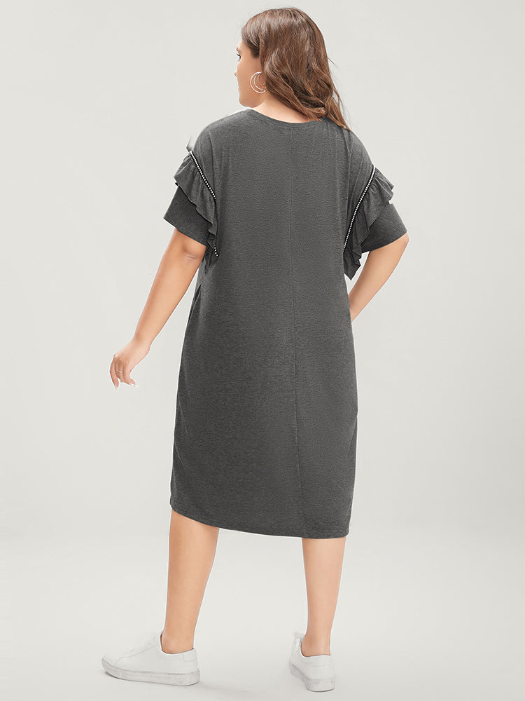 Solid Round Neck Pocket Beaded Webbing Ruffle Trim Dress