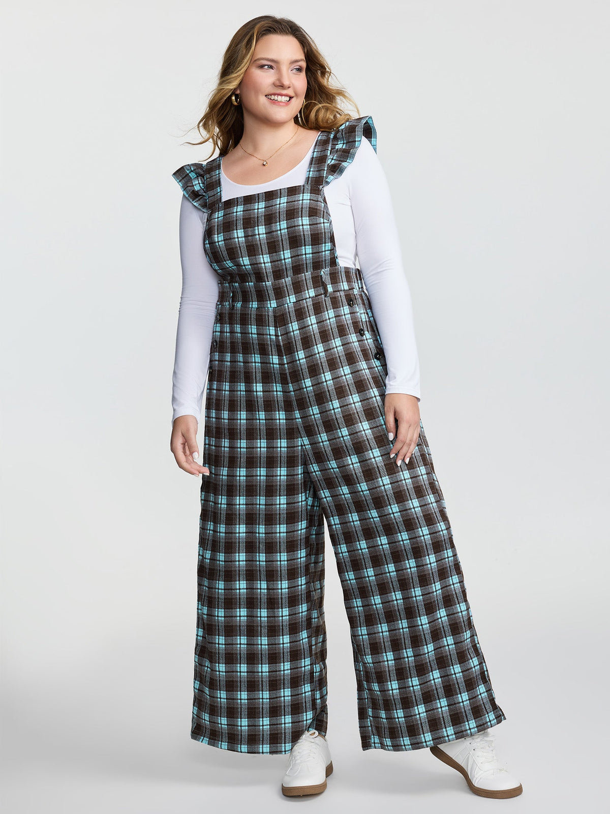 Plaid Ruffled Sleeve Backless Tie Jumpsuit