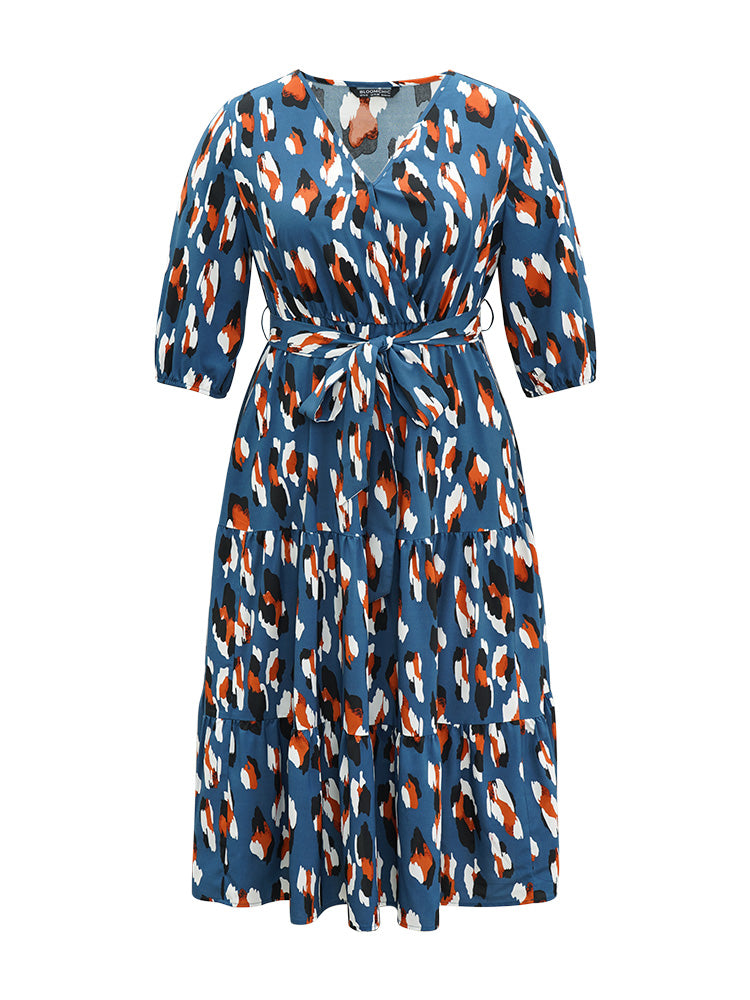 Allover Print Ruffle Layered Hem Wrap Belted Dress