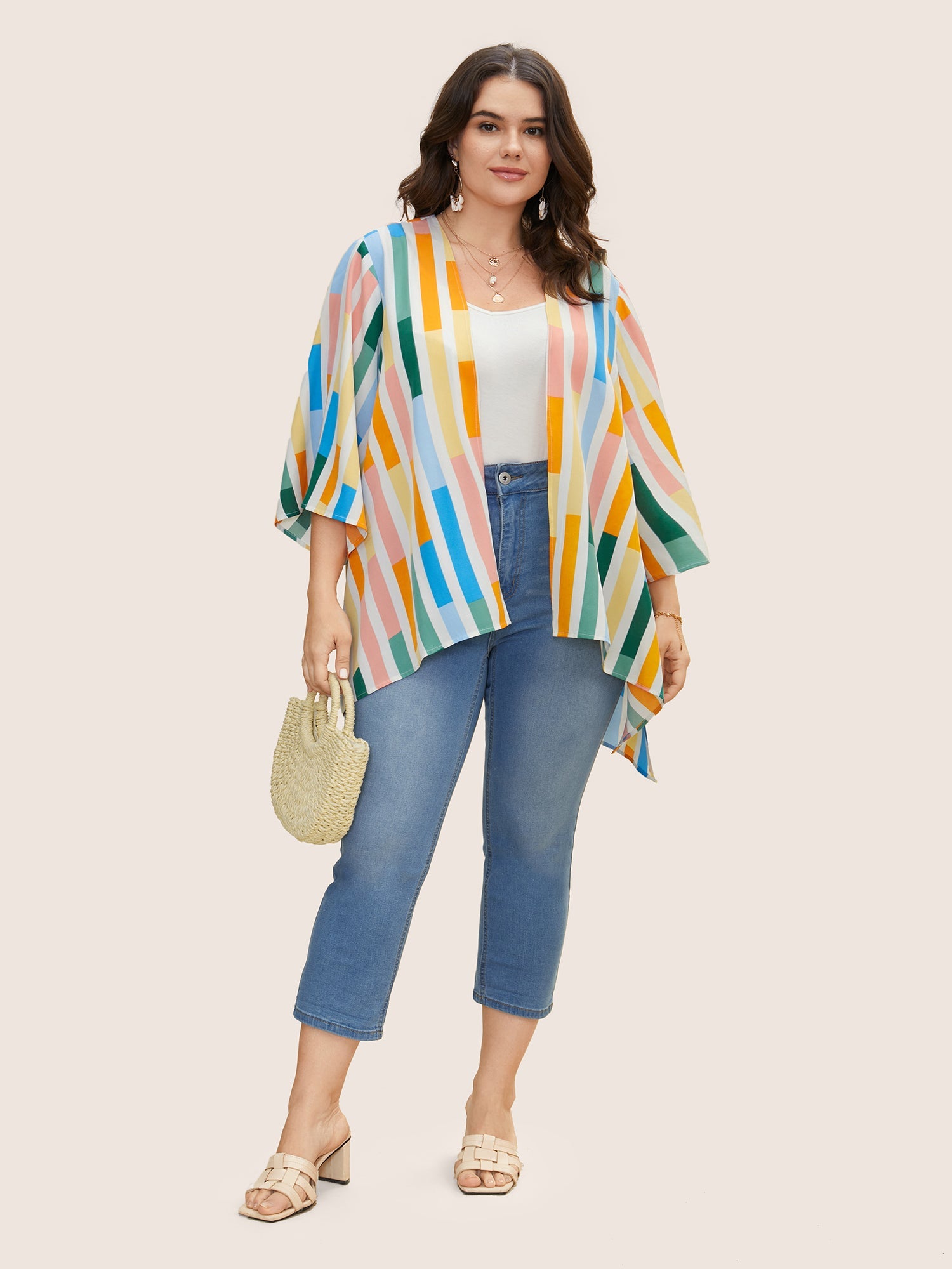 Colorblock Contrast Split Side High Low Hem Kimono