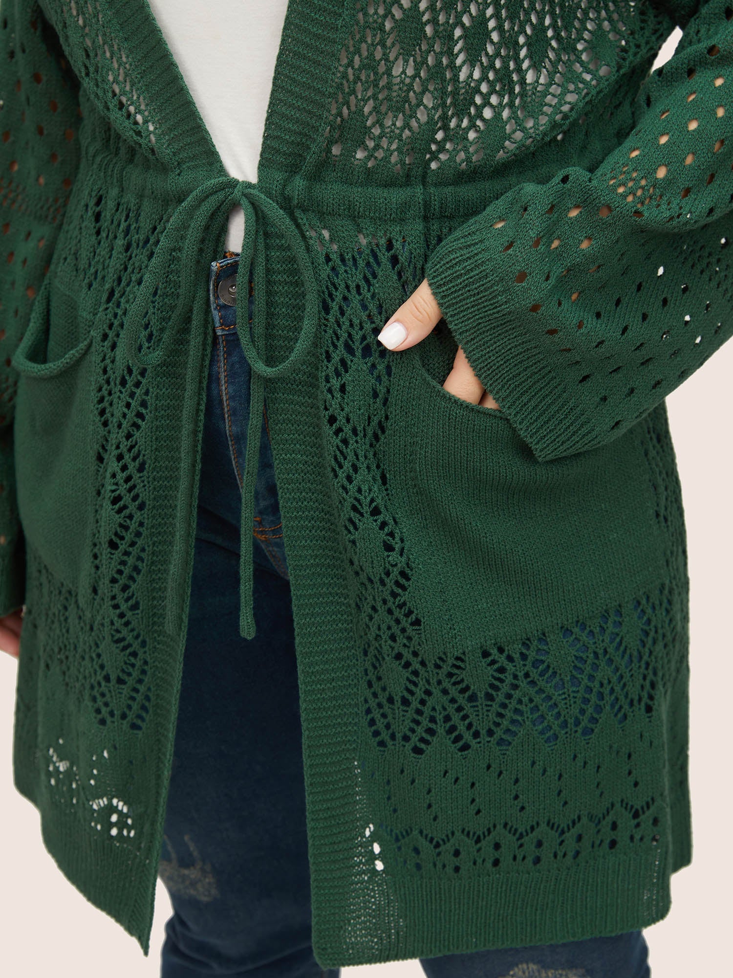 Solid Drawstring Pocket Hollow Out Cardigan