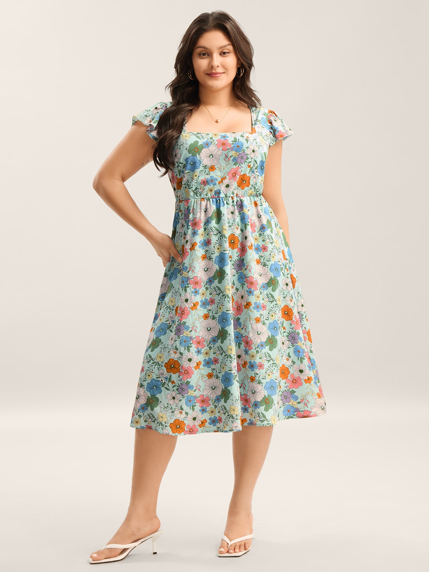 Floral Print Flutter Sleeve Pockets Midi Dress