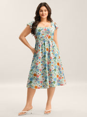 Floral Print Flutter Sleeve Pockets Midi Dress