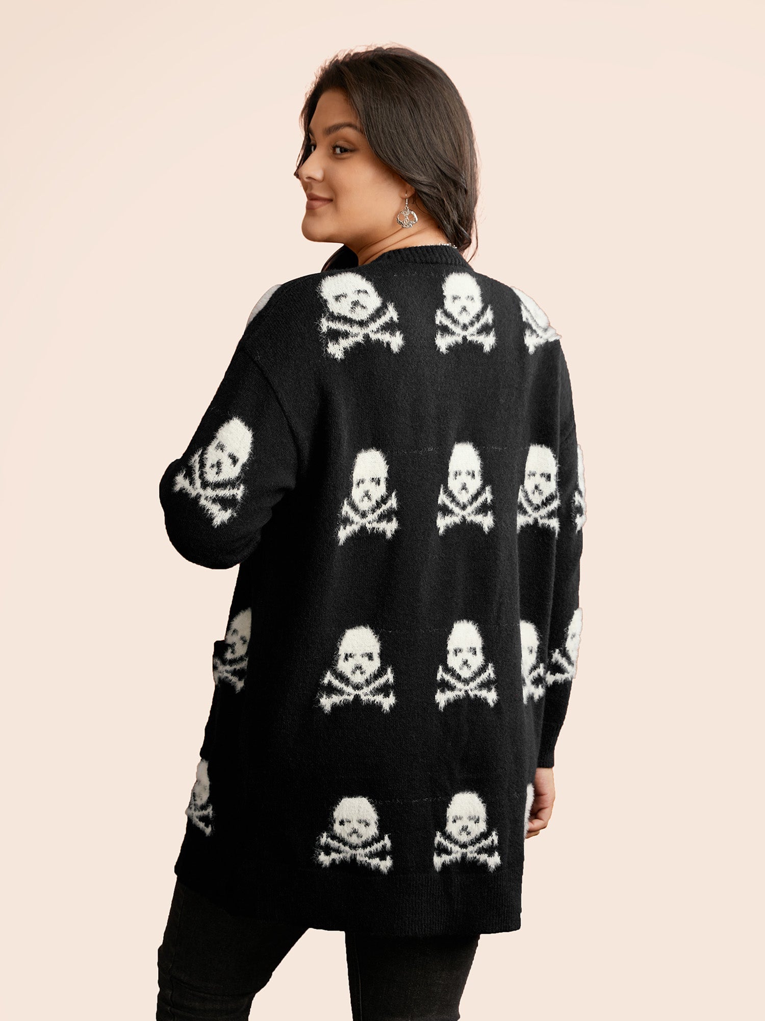 Skull Pattern Plus Jacquard Open Cardigan