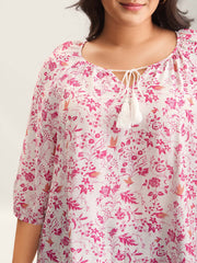 Silhouette Floral Print Neck Tassels Blouse