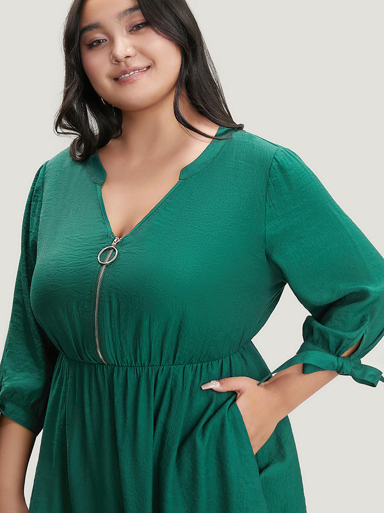 Solid Pocket Knot Sleeve Half Zipper Arc Hem  Dress