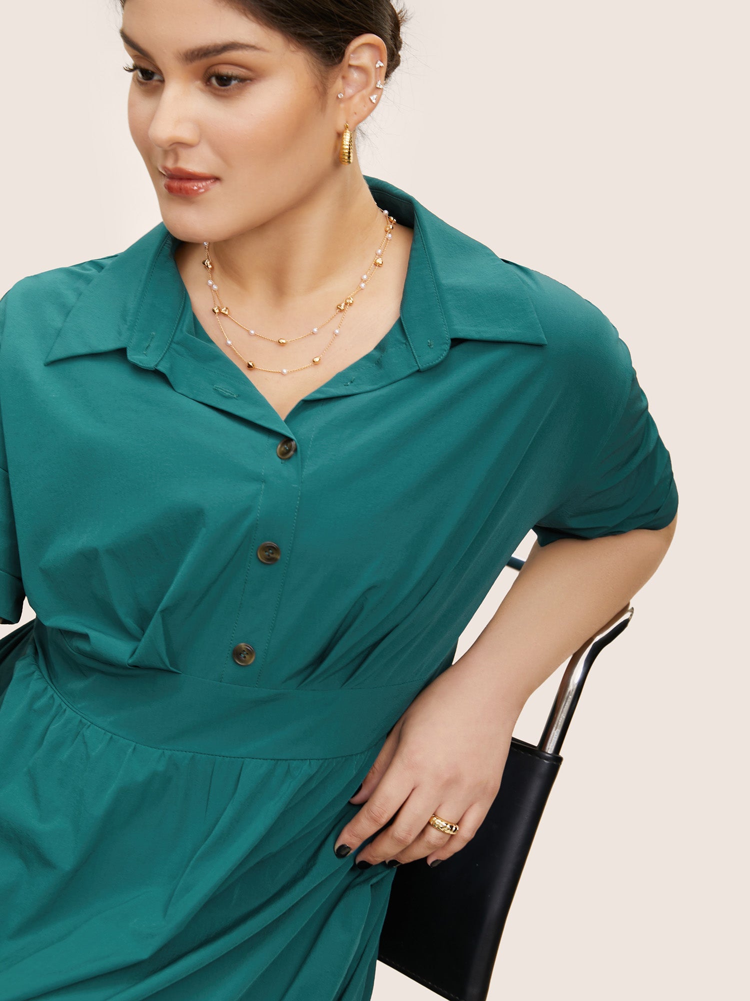 Shirt Collar Pleated Button Detail Gathered Midi Dress