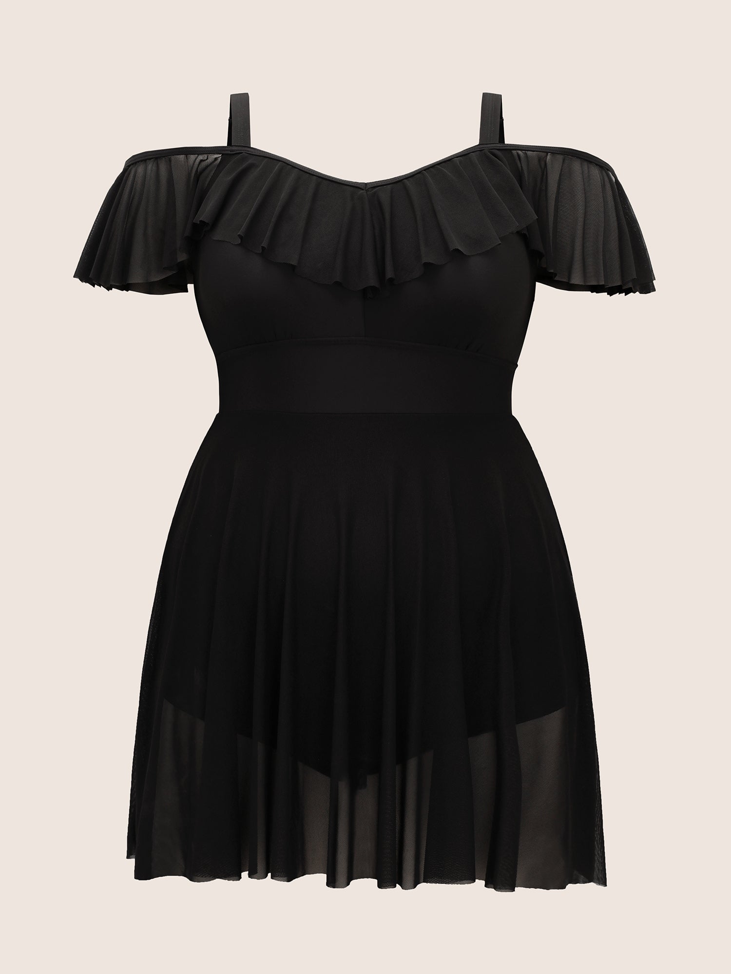 Solid Ruffle Trim Patchwork Mesh Swim Dress