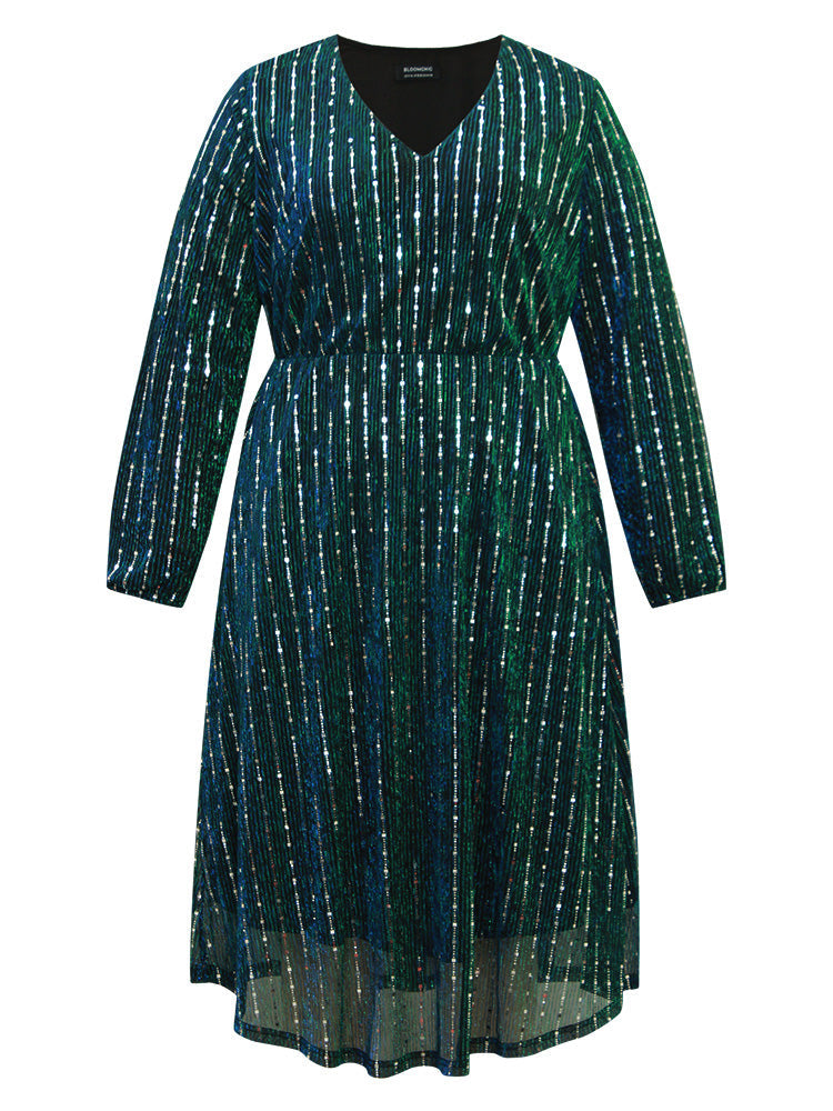 Sequin Mesh V Neck Elastic Waist Dress