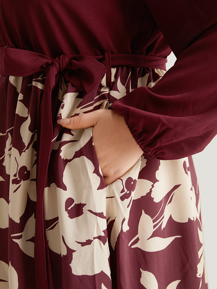 Silhouette Floral Print Belted Pleated Dress