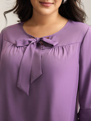 Solid Ribbon Tied Collar Bell Sleeve Blouse
