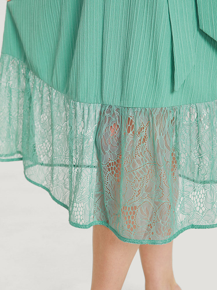 Plain Pocket Lace Raglan Sleeve Ruffle Belted Plisse Dress