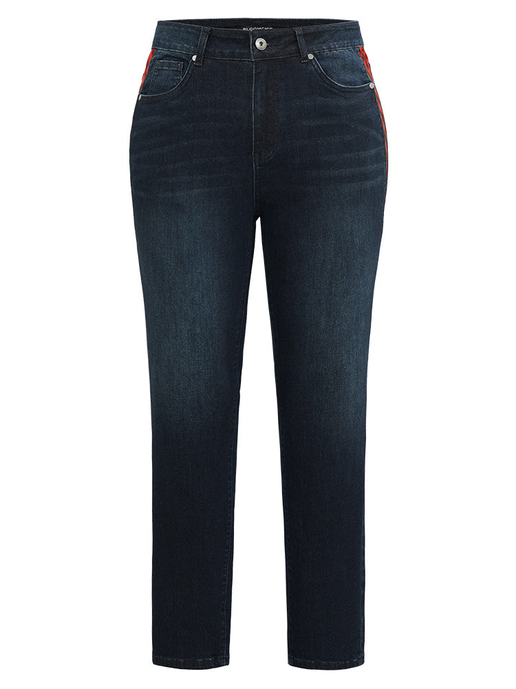 Plaid Patchwork Straight Leg Dark Wash Jeans