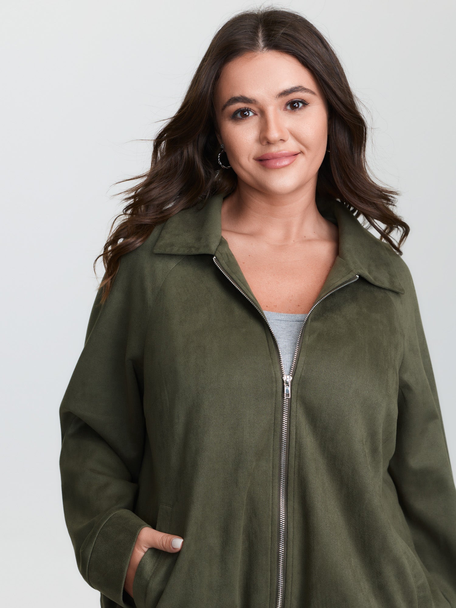 Suede Drawstring Hem Zipper Jacket