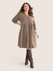 Heart Print Lapel Collar Button Detail Knee Dress