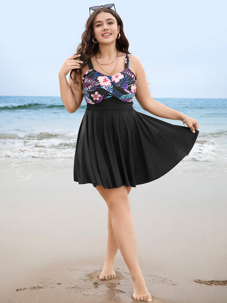 Floral Patchwork Flutter Hem Empire Waist Swim Dress