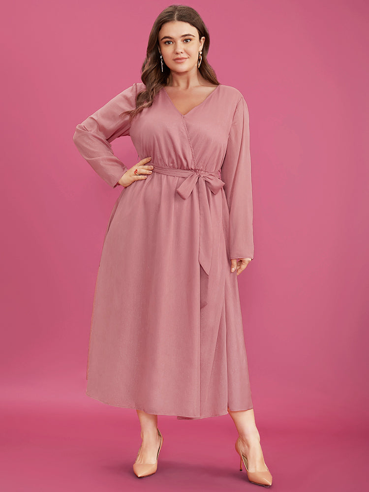 Solid Pocket Belted Surplice Neck Midi Dress