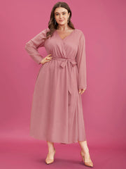 Solid Pocket Belted Surplice Neck Midi Dress