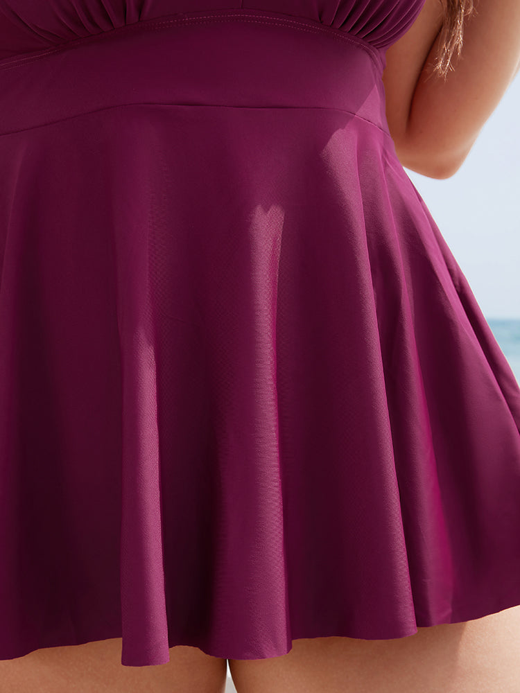 Plain Ruffles Crossover Back Adjustable Straps Tankini Top