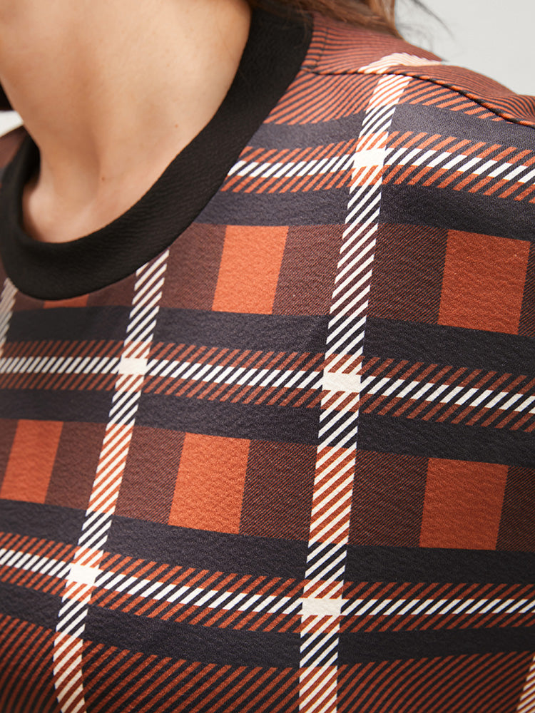 Plaid Patchwork Round Neck Lantern Sleeve Pocket Midi Dress