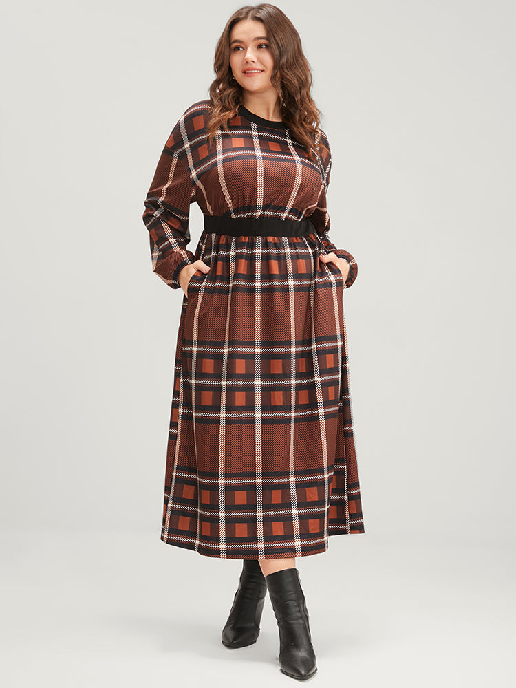 Plaid Patchwork Round Neck Lantern Sleeve Pocket Midi Dress