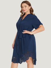 Solid Cuffed Sleeve Button Up Belted Laser Cut Arc Hem Dress