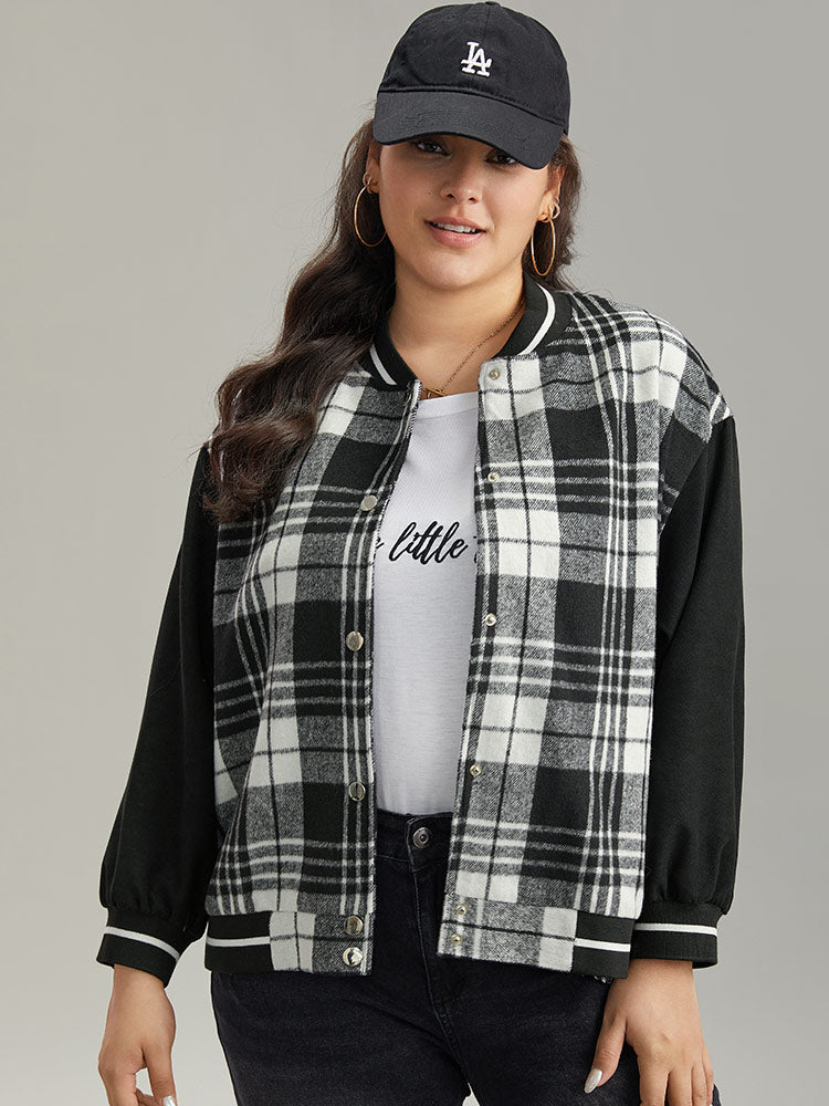 Plaid Button Through Pocket Baseball Collar Bomber Jacket