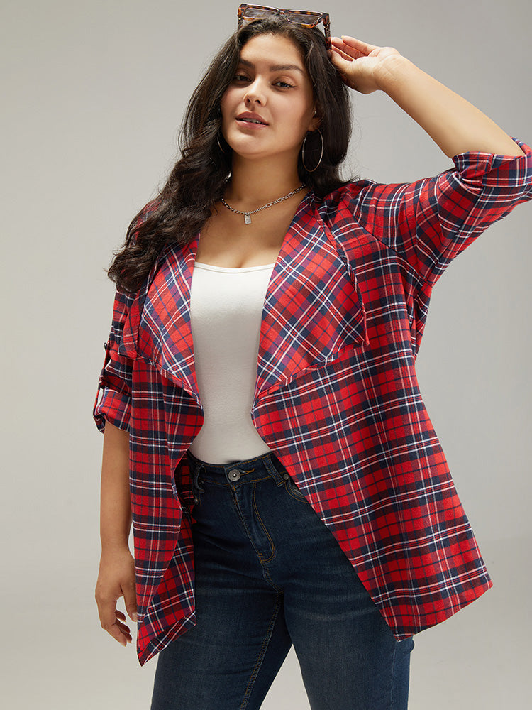 Plaid Asymmetrical Hem Tab Sleeve Jacket