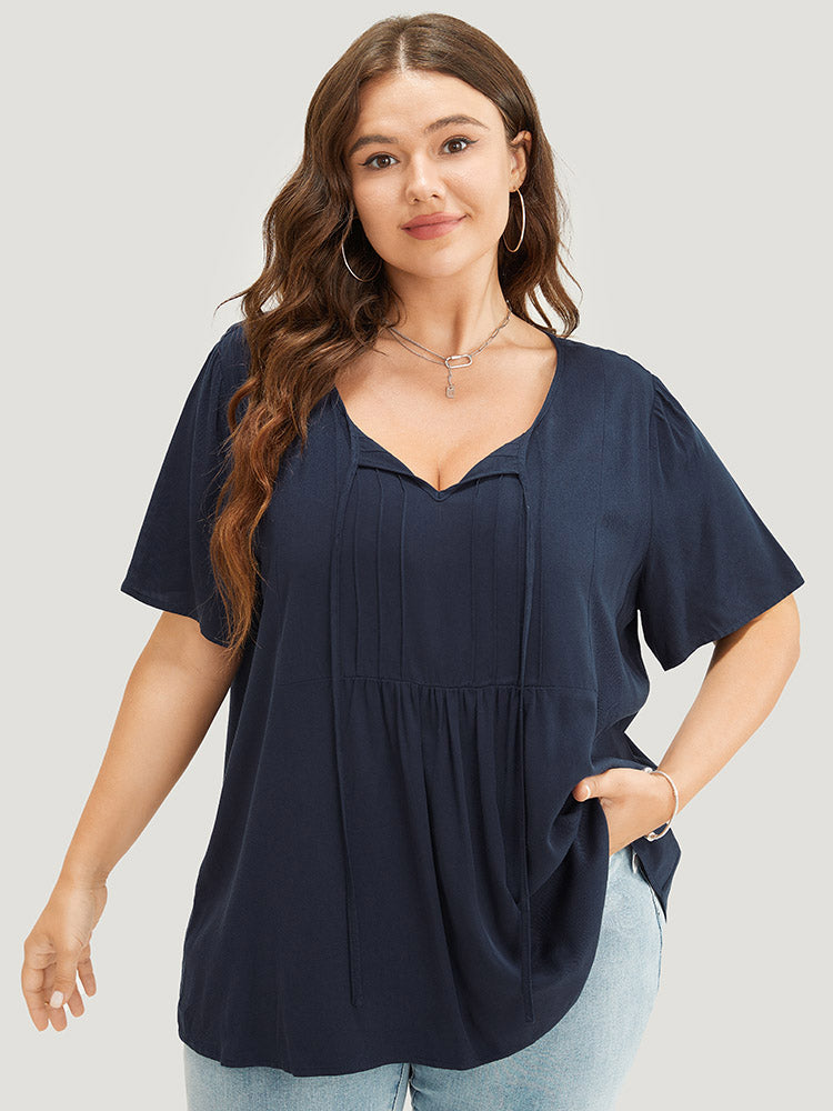 Solid Pleated Detail Tie Neck Ruffle Blouse