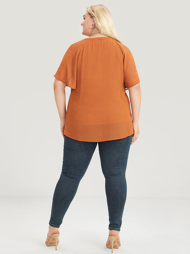 Solid Notched Pleated Mesh Raglan Sleeve Blouse