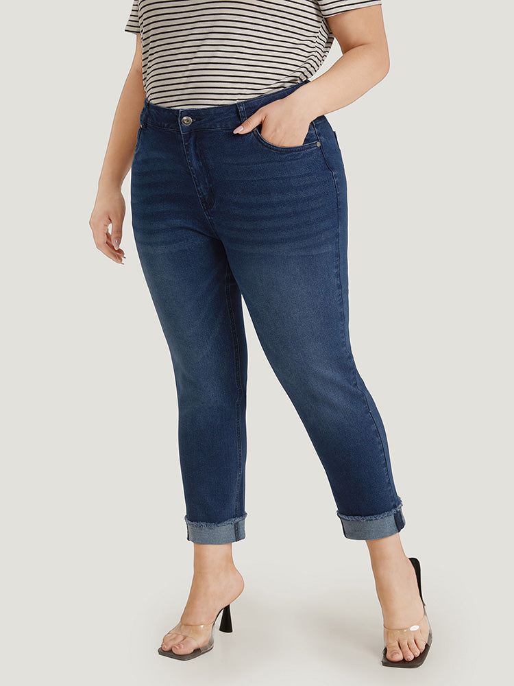 Solid Frayed Roll Hem High Rise Jeans